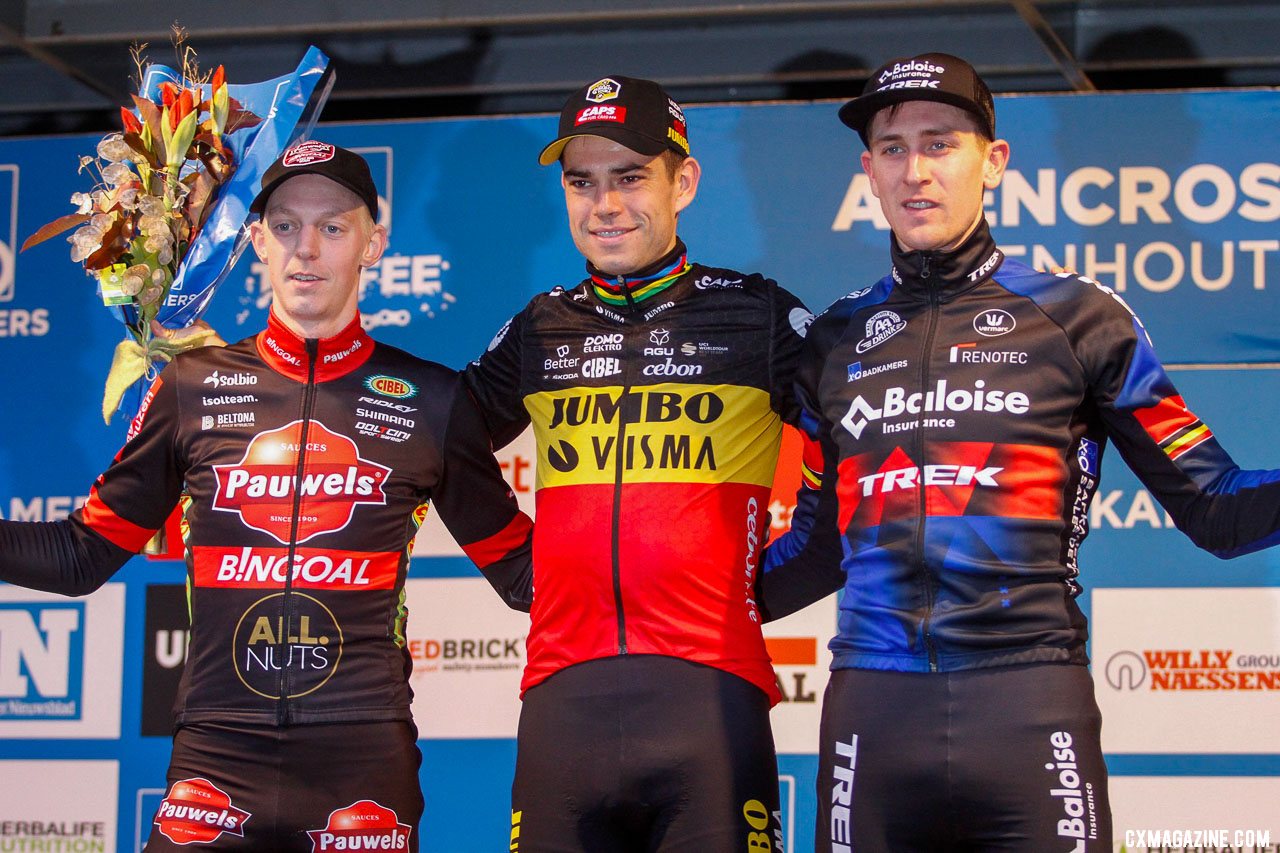 Wout van Aert, Michael Vanthourenhout, and Toon Aerts on the podium. 2021 X2O Trofee Azencross Loehout Elite Men. © B. Hazen / Cyclocross Magazine