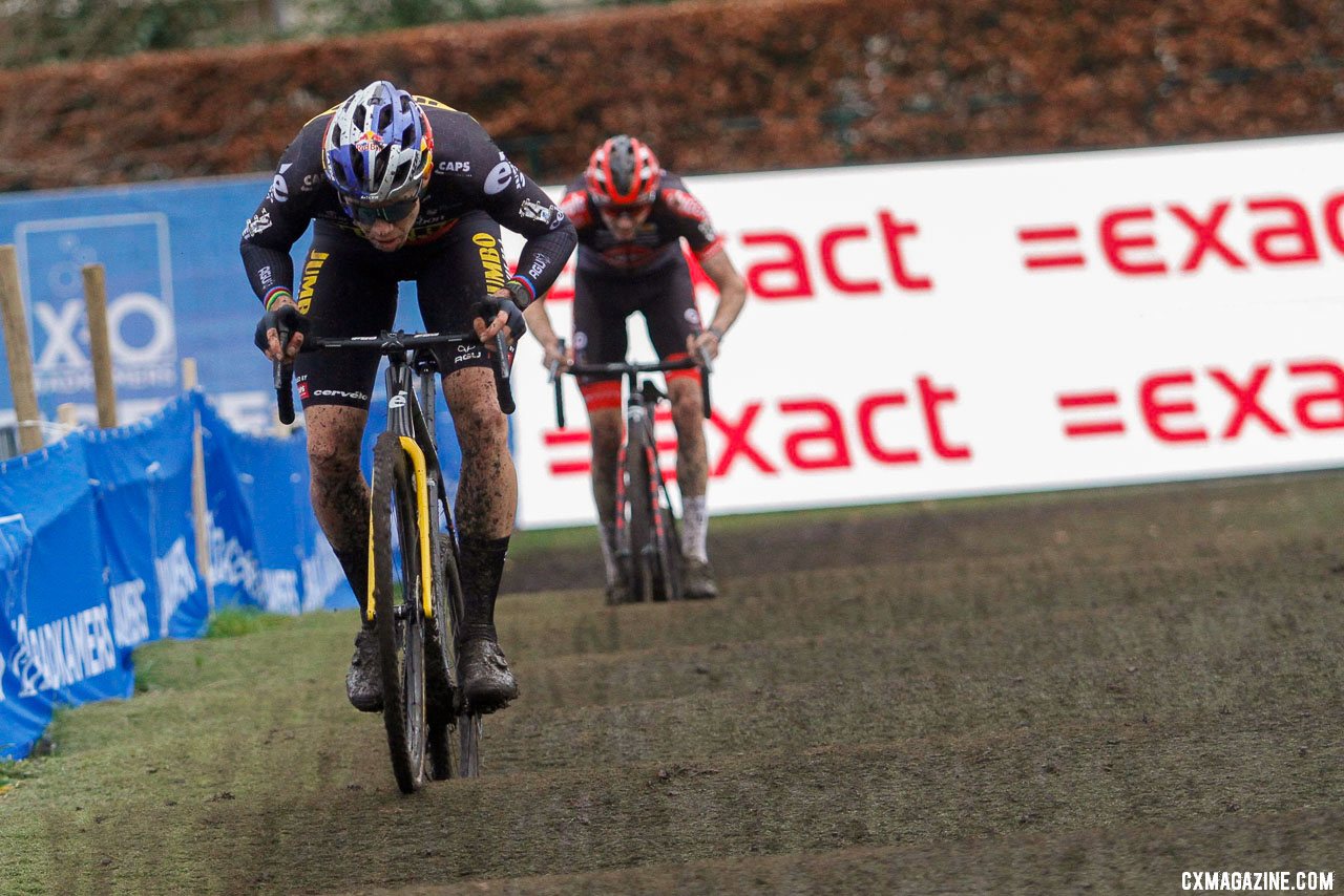 Wout van Aert tailed by Michael Vanthourenhout. 2021 X2O Trofee Azencross Loehout Elite Men. © B. Hazen / Cyclocross Magazine