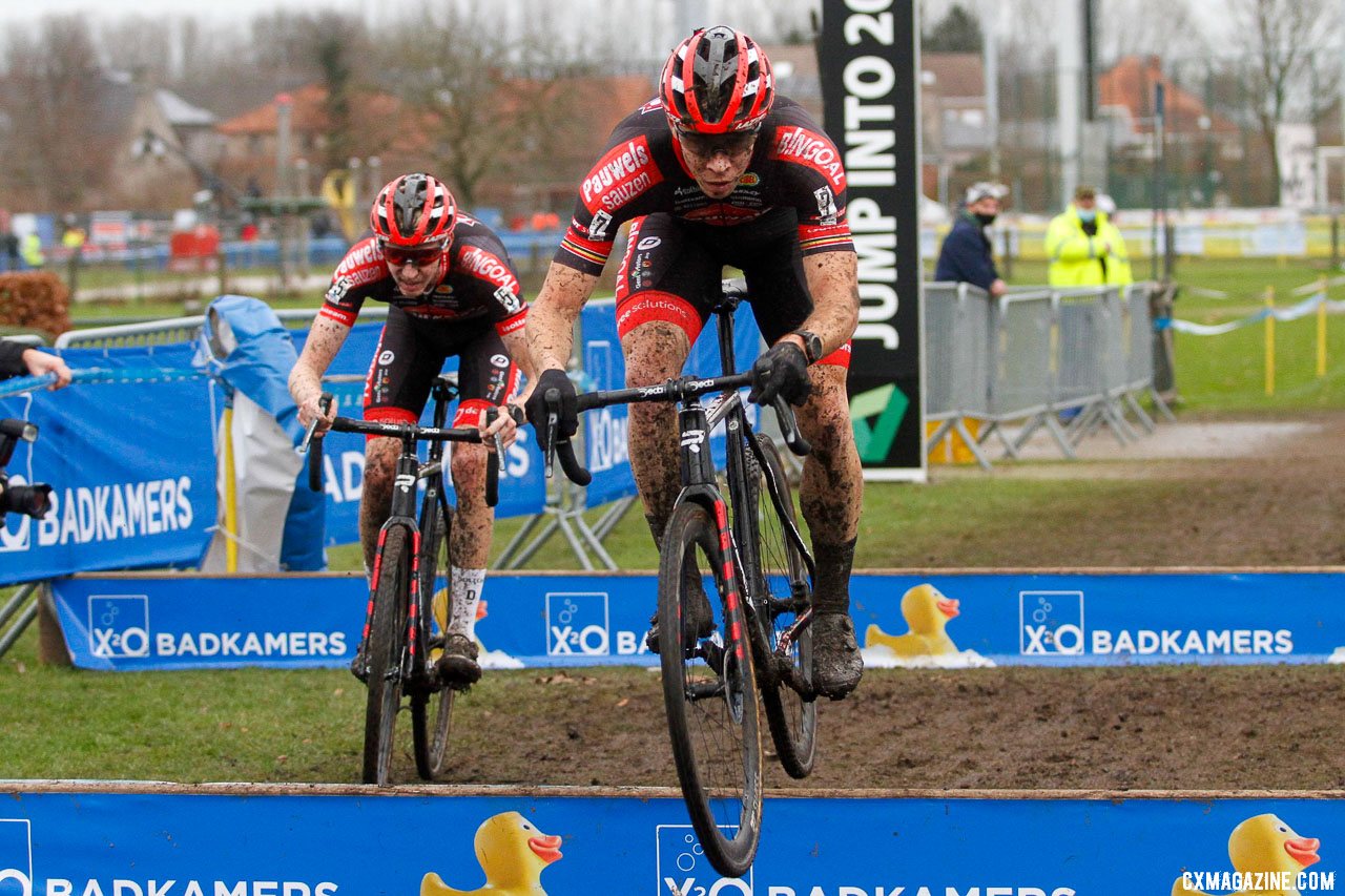 Laurens Sweeck and Michael Vanthourenhout bunny hopped the barriers. 2021 X2O Trofee Azencross Loehout Elite Men. © B. Hazen / Cyclocross Magazine