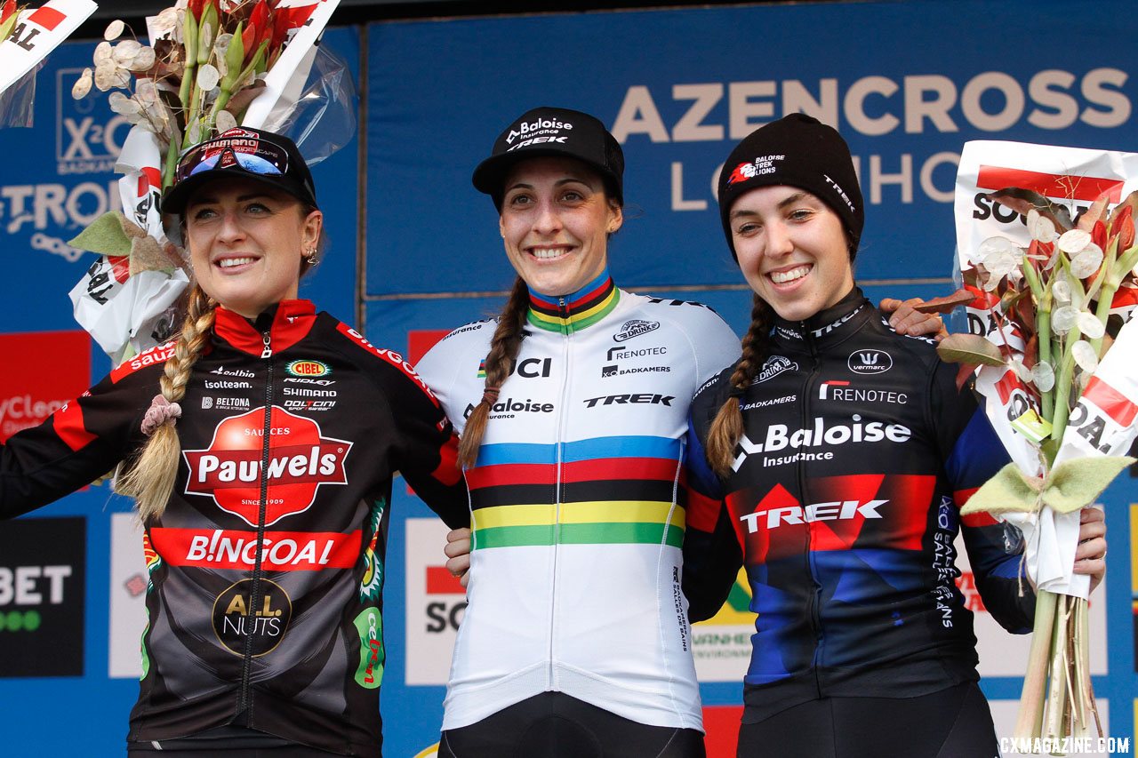 Lucinda Brand, Denise Betsema, and Shirin van Anrooij on the podium. 2021 X2O Trofee Azencross Loehout Elite Women. © B. Hazen / Cyclocross Magazine