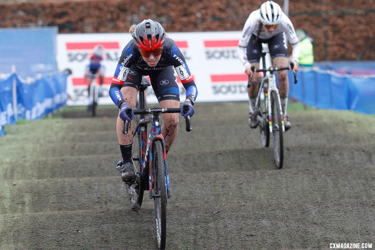Shirin van Anrooij with Lucinda Brand right behind her. 2021 X2O Trofee Azencross Loehout Elite Women. © B. Hazen / Cyclocross Magazine