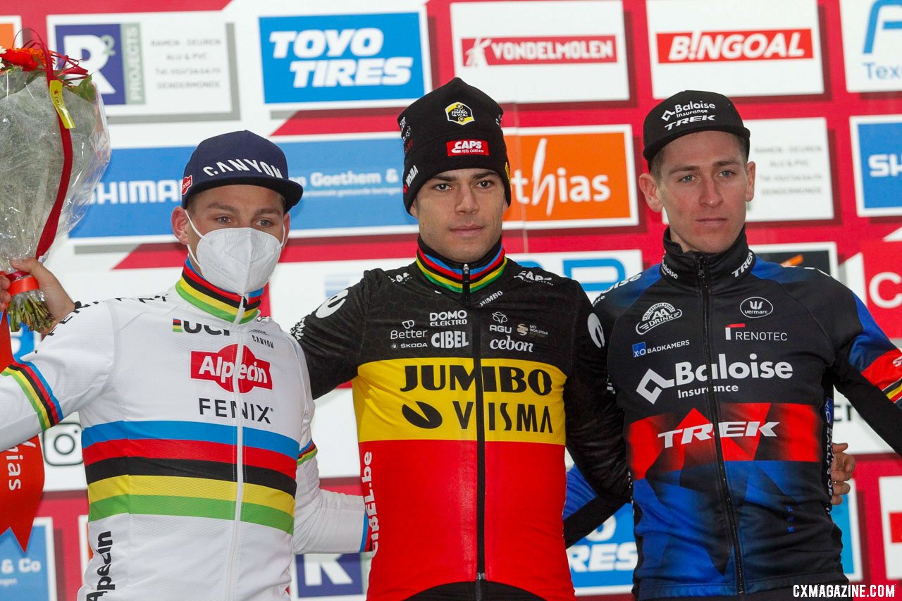 Height ruled the day: Van der Poel, Van Aert and Aerts. 2021 Dendermonde UCI Cyclocross World Cup, Elite Men. © B. Hazen / Cyclocross Magazine