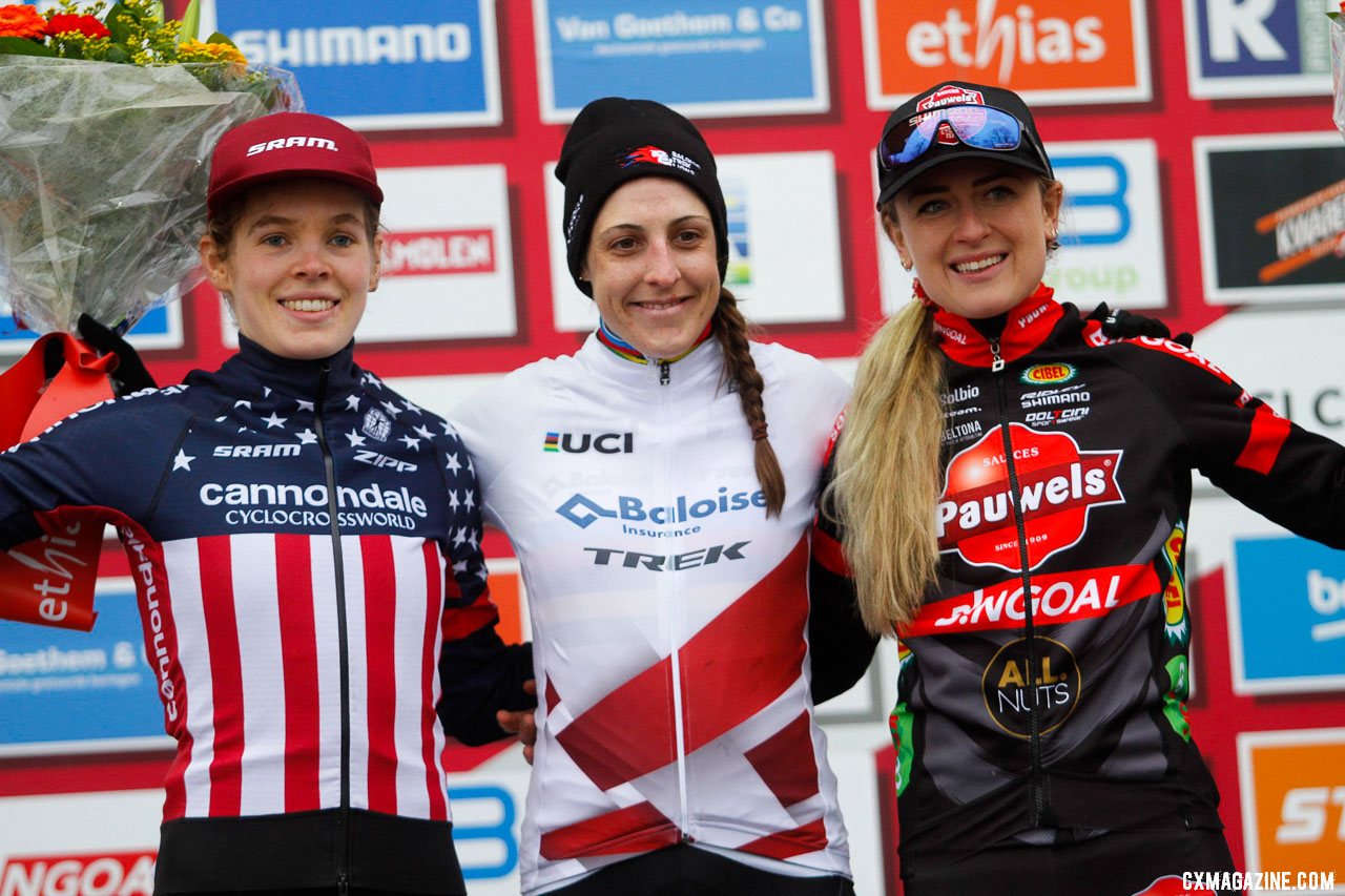 Honsinger, Brand, Betsema. 2021 Dendermonde UCI Cyclocross World Cup, Elite Women. © B. Hazen / Cyclocross Magazine