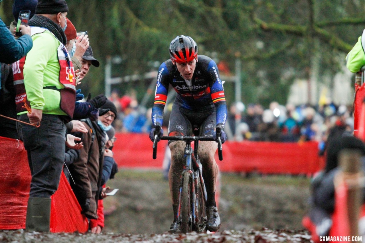 Toon Aerts had an early lead until a crash and then flat tire ruined his chances. 2021 Namur UCI Cyclocross World Cup, Elite Men. © B. Hazen / Cyclocross Magazine