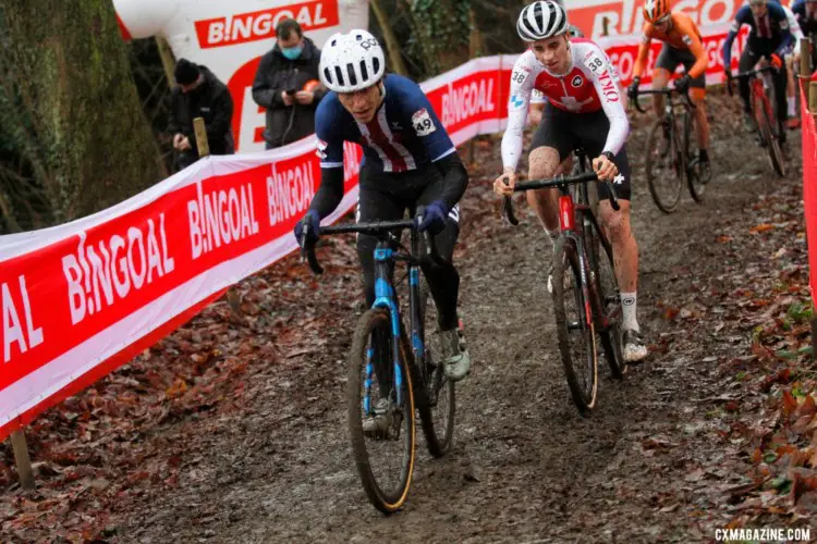 Jan Christen on Marcis Shelton's tail. 2021 Namur UCI Cyclocross World Cup, Junior Men. © B. Hazen / Cyclocross Magazine