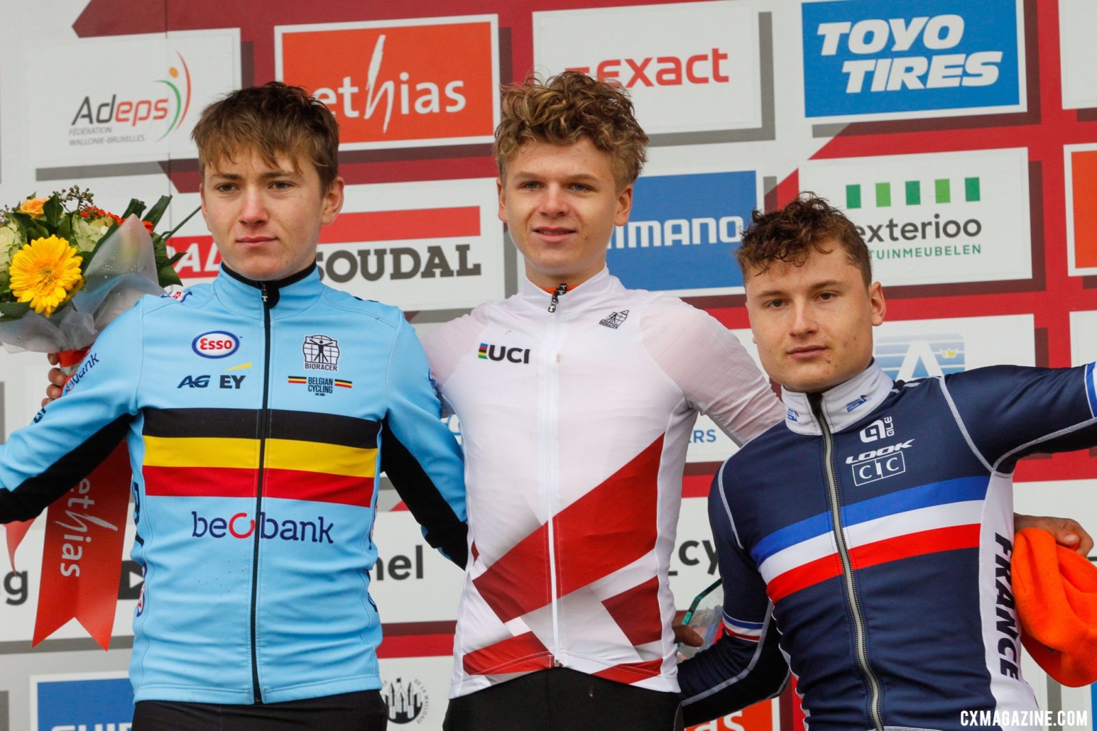David Haverdings, Kenay de Moyer, and Corentin Lequet on the podium. 2021 Namur UCI Cyclocross World Cup, Junior Men. © B. Hazen / Cyclocross Magazine