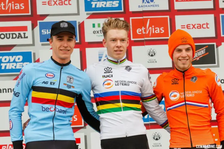 Pim Ronhaar, Niels Vandeputte, and Mees Hendrikx on the podium. 2021 Namur UCI Cyclocross World Cup, U23 Men. © B. Hazen / Cyclocross Magazine