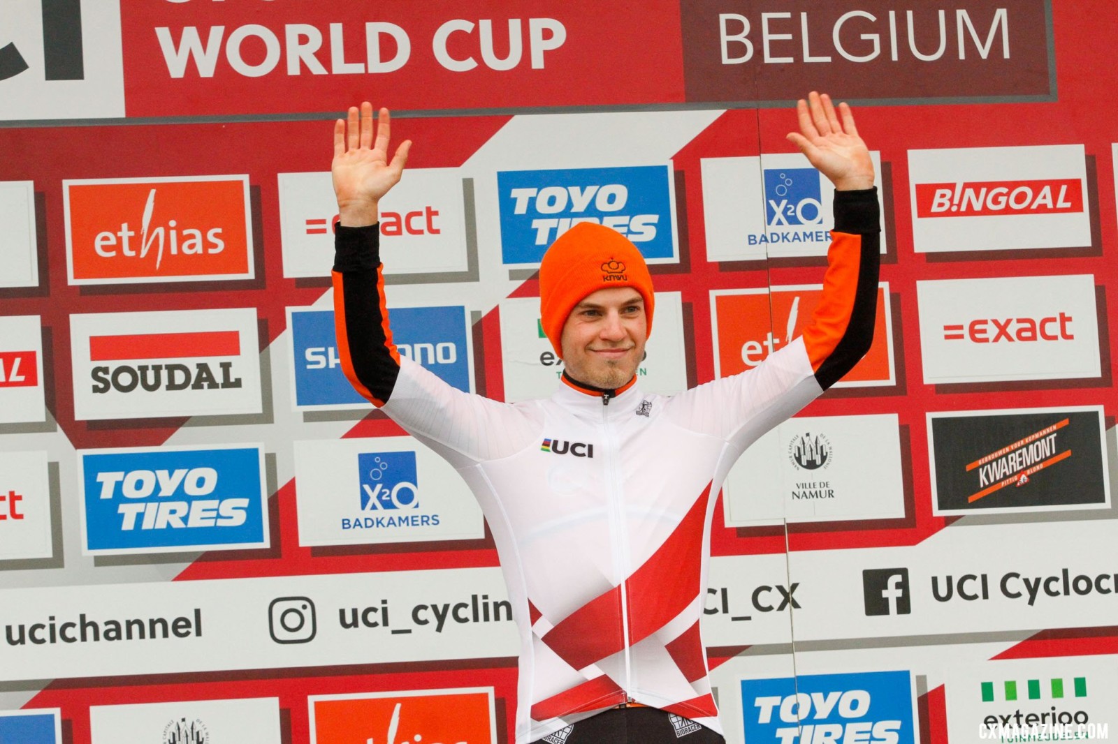 Mees Hendrikx on the podium. 2021 Namur UCI Cyclocross World Cup, U23 Men. © B. Hazen / Cyclocross Magazine