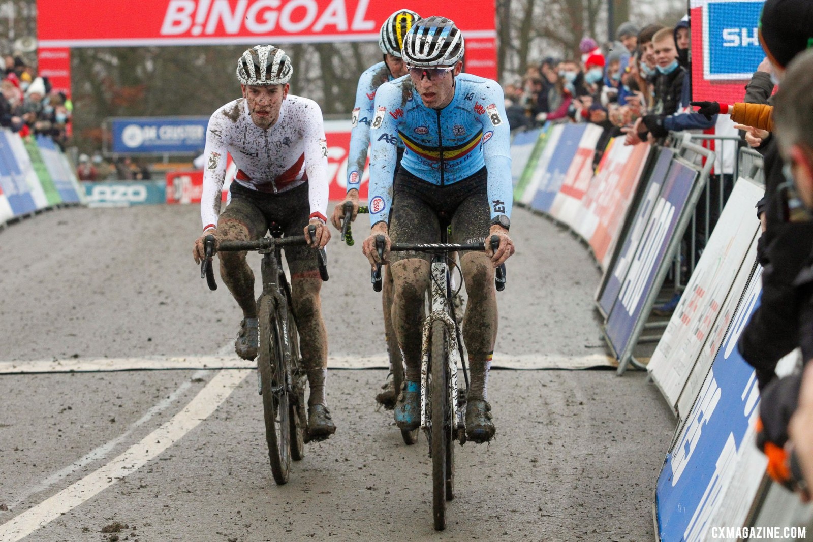Niels Vandeputte, Mees Hendrikx, and Emiel Verstryne crossing the finish line. 2021 Namur UCI Cyclocross World Cup, U23 Men. © B. Hazen / Cyclocross Magazine