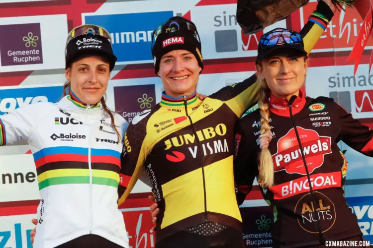 Marianne Vos, Lucinda Brand, and Denise Betseman on the podium. 2021 Rucphen UCI Cyclocross World Cup, Elite Women. © B. Hazen / Cyclocross Magazine