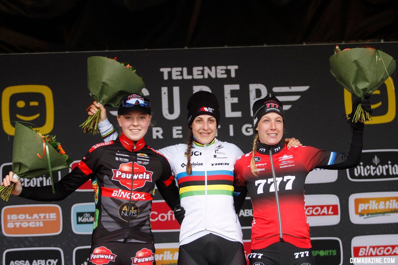 Lucinda Brand, Fem van Empel, and Annemarie Worst on the podium. 2021 Zolder Superprestige, Elite Women. © B. Hazen / Cyclocross Magazine