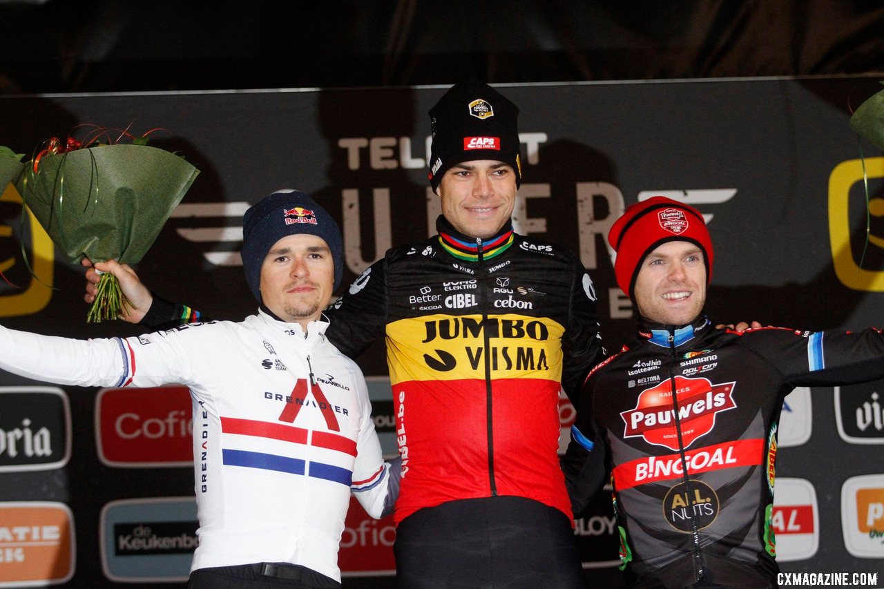 Wout van Aert, Tom Pidcock, and Eli Iserbyt on the podium. 2021 Zolder Superprestige, Elite Men. © B. Hazen / Cyclocross Magazine