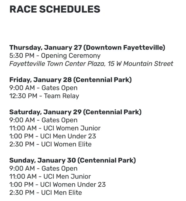 2022 UCI Cyclocross World Championships schedule Fayetteville, Arkansas