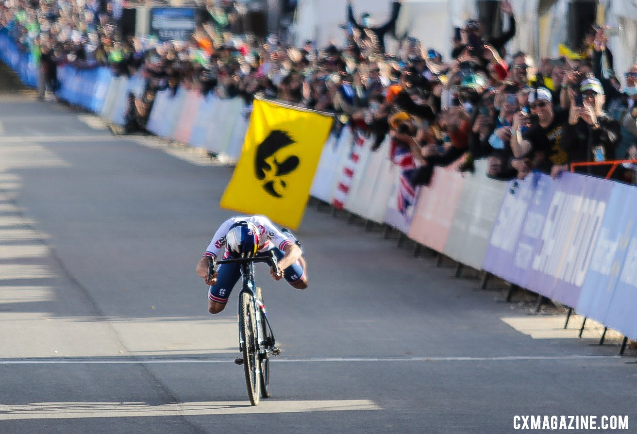 Tom Pidcock, the Superman, celebrates his Elite Men's win. Cyclocross World Championships, Fayetteville, Arkansas USA. © D. Mable / Cyclocross Magazine - Cyclocross Magazine - Cyclocross and Gravel News, Races, Bikes, Media