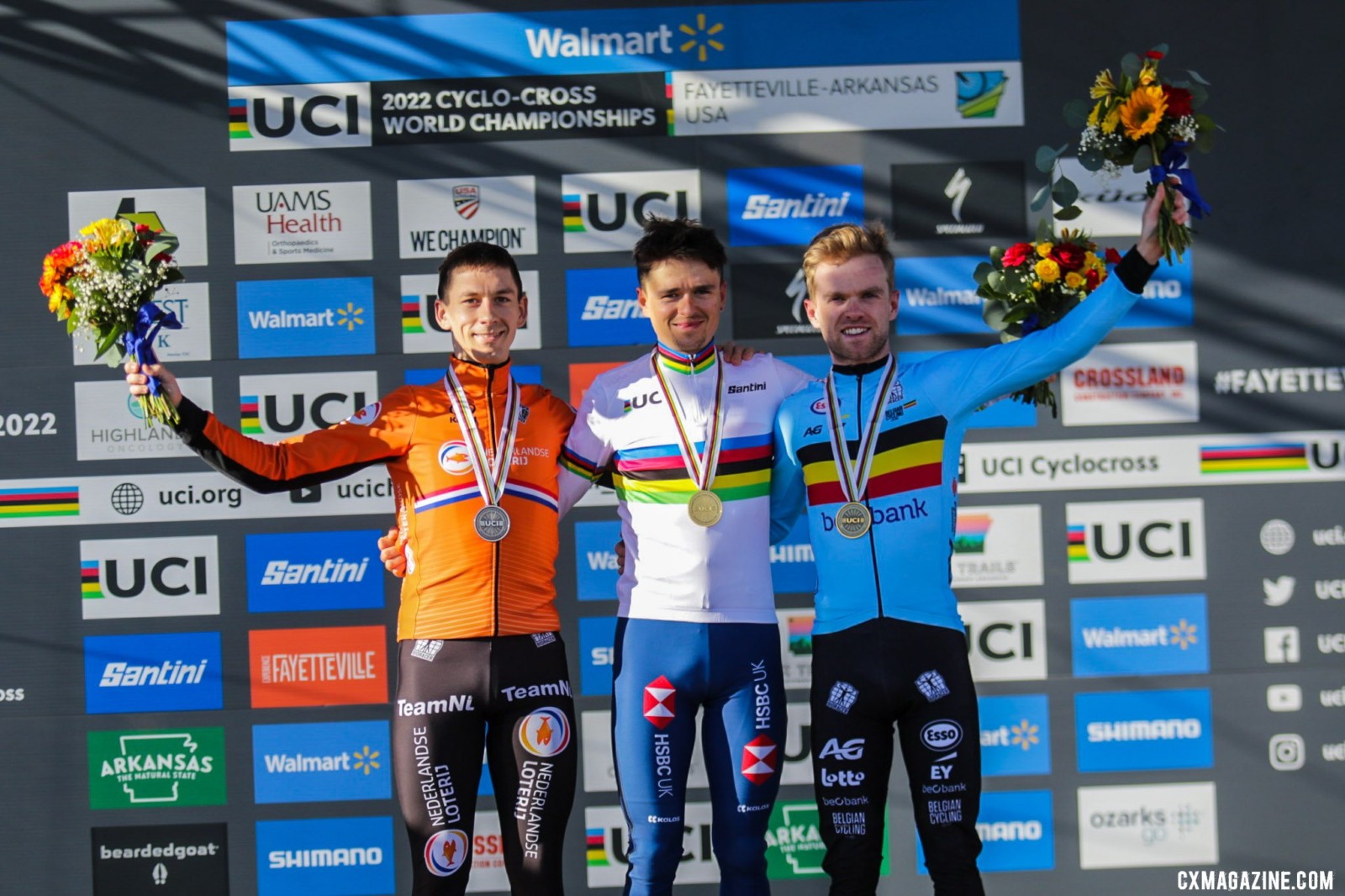 Van der Haar, Pidcock, and Iserbyt. Elite Men. 2022 Cyclocross World Championships, Fayetteville, Arkansas USA. © D. Mable / Cyclocross Magazine