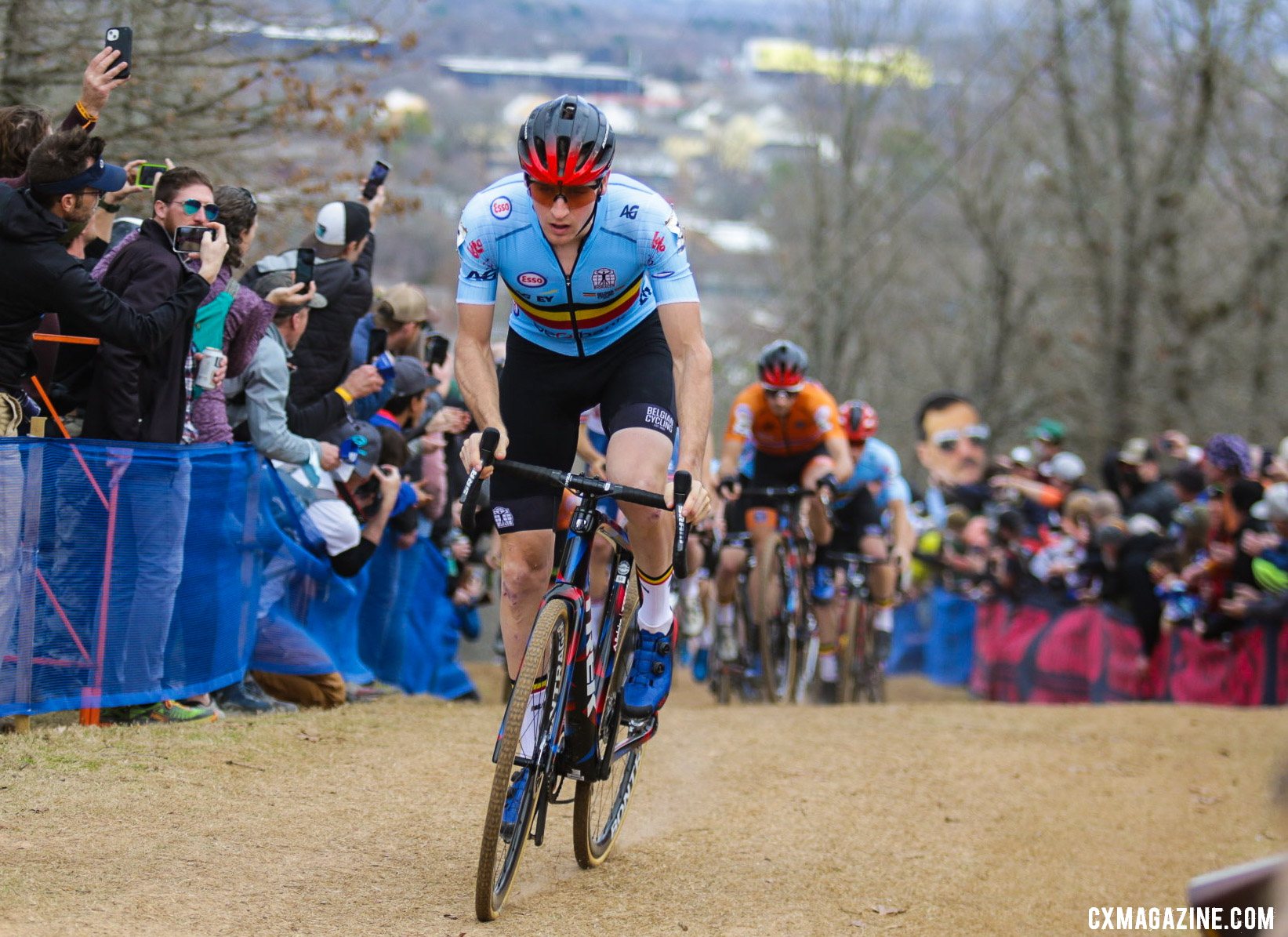 Toon Aerts attacked the first climb in hopes of tiring out Van der Haar and Pidcock. Elite Men. 2022 Cyclocross World Championships, Fayetteville, Arkansas USA. © D. Mable / Cyclocross Magazine