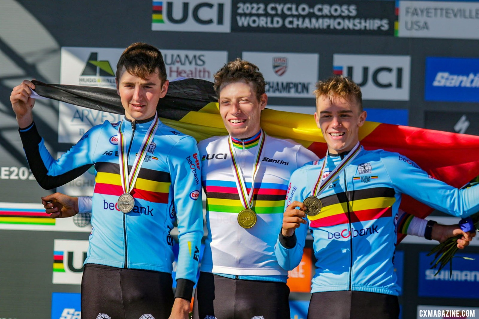 The Belgians sweep the U23 Men's race. 2022 Cyclocross World Championships, Fayetteville, Arkansas USA. © D. Mable / Cyclocross Magazine