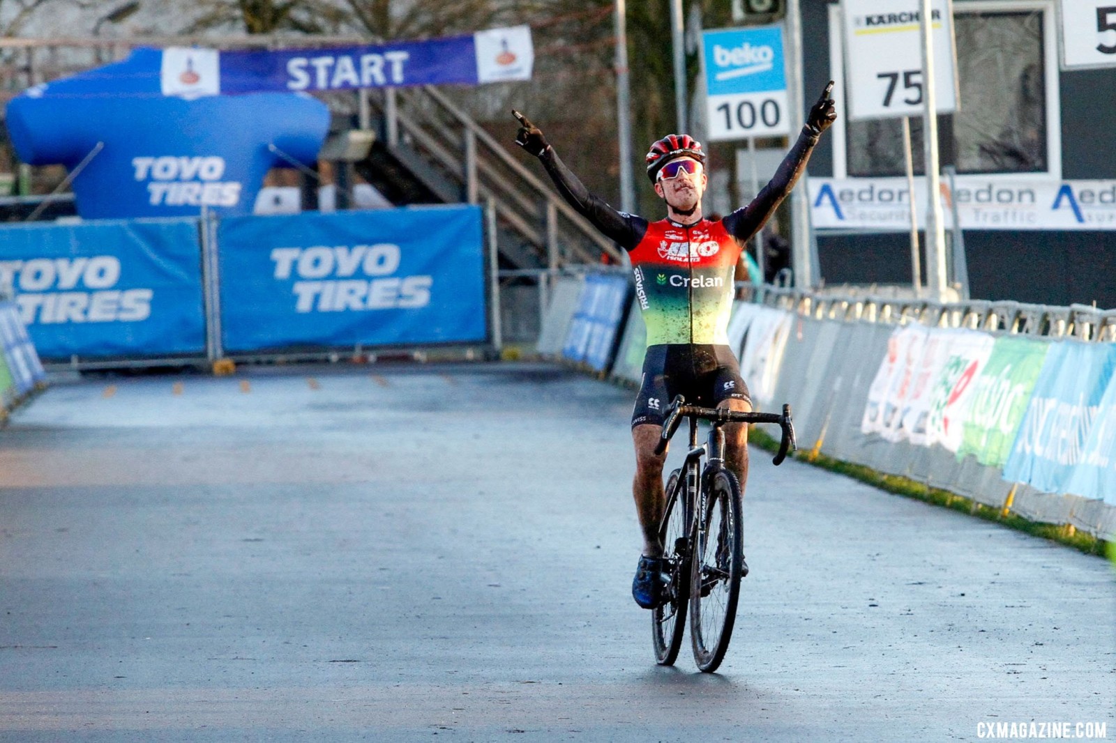 Mees Hendrikx crossed the finish line. 2022 Dutch Cyclocross National Championships, Elite Men. Rucphen. © B. Hazen / Cyclocross Magazine