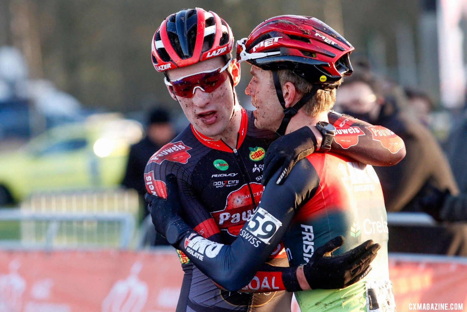 Mees Hendrikx hugged Ryan Kamp. 2022 Dutch Cyclocross National Championships, Elite Men. Rucphen. © B. Hazen / Cyclocross Magazine