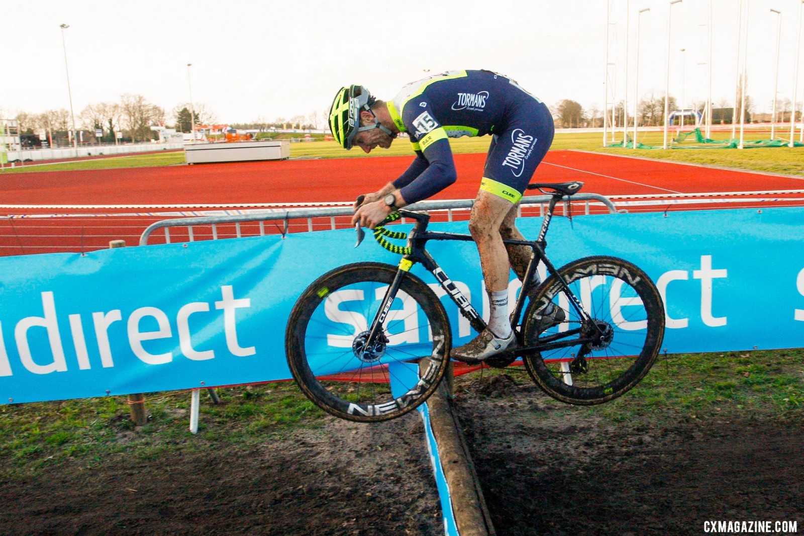 Corné van Kessel jumped the barriers. 2022 Dutch Cyclocross National Championships, Elite Men. Rucphen. © B. Hazen / Cyclocross Magazine
