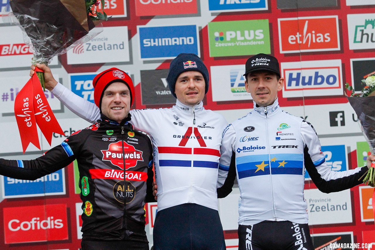 They might not be tall, but they're cyclocross giants. Iserbyt, Pidcock and Van der Haar. 2022 Hulst UCI Cyclocross World Cup, Elite Men. © B. Hazen / Cyclocross Magazine