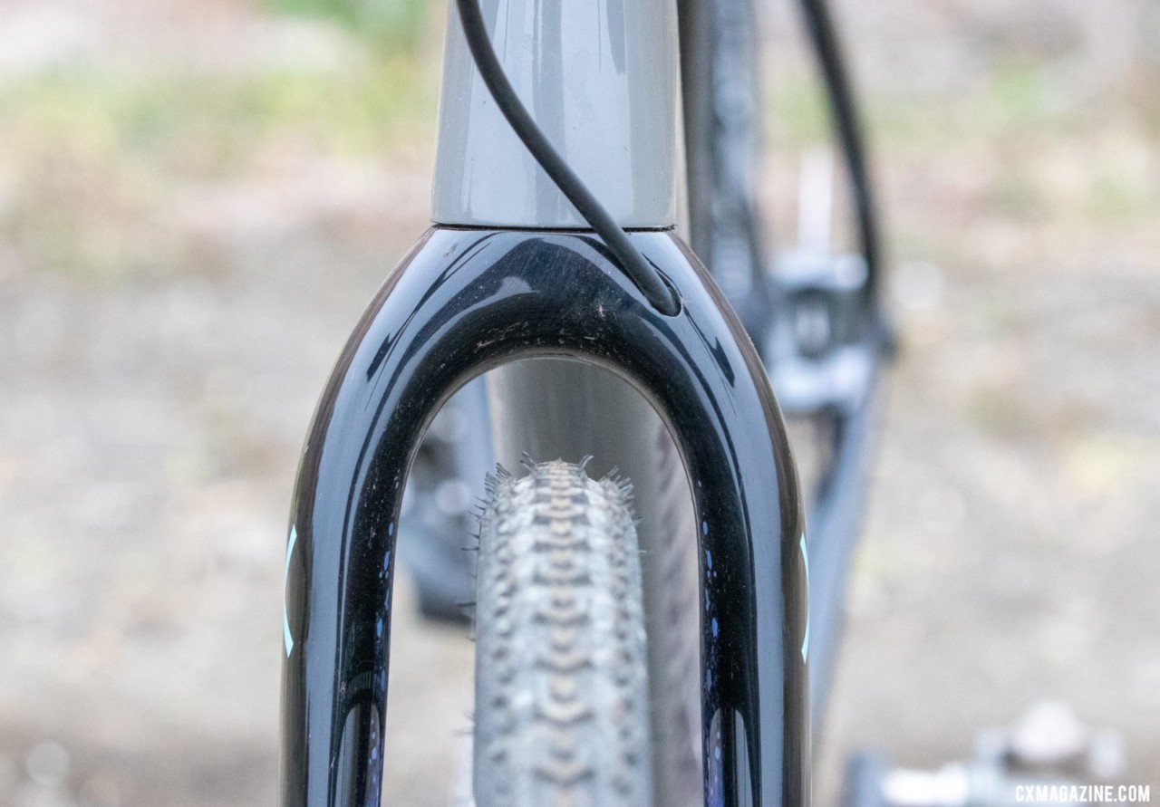 Cannondale With a 33mm tire, there is plenty of clearance at the fork crown for mud or a bigger tire. SuperSix EVO CX cyclocross/gravel bike review. © Cyclocross Magazine