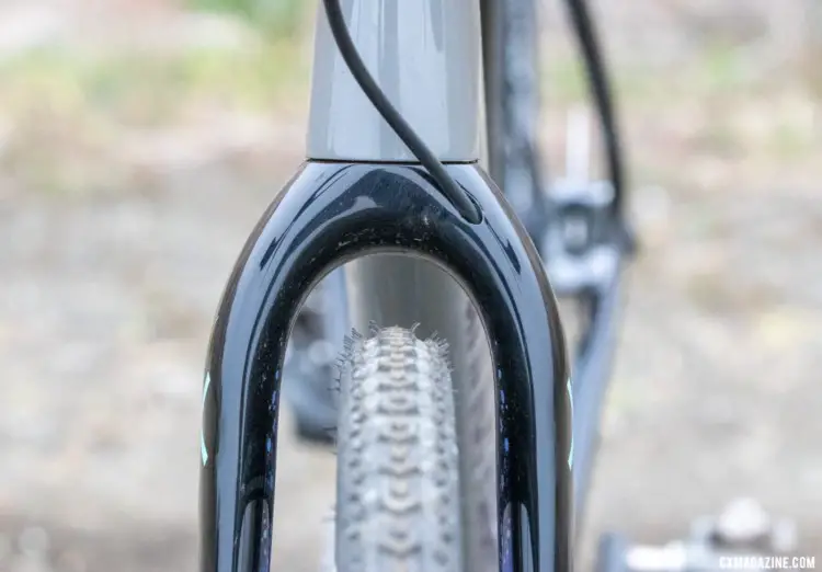 Cannondale With a 33mm tire, there is plenty of clearance at the fork crown for mud or a bigger tire.  SuperSix EVO CX cyclocross/gravel bike review. © Cyclocross Magazine