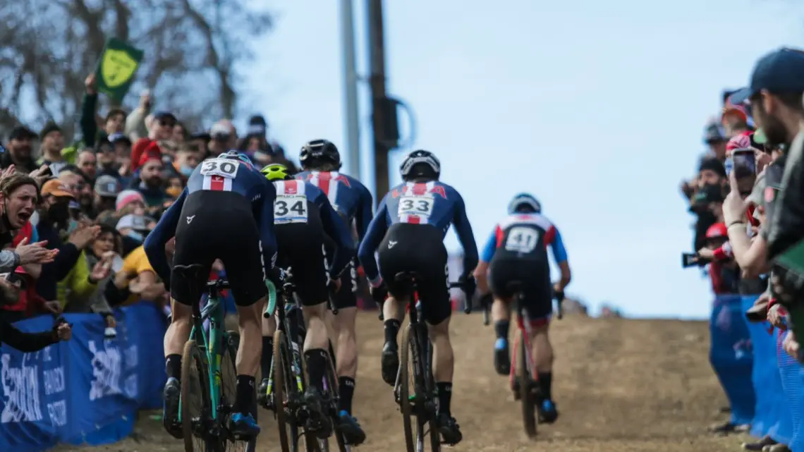 Who says there's no teamwork in cyclocross? Team USA giving chase in the Elite Men's race. 2022 Cyclocross World Championships, Fayetteville, Arkansas USA. © D. Mable / Cyclocross Magazine