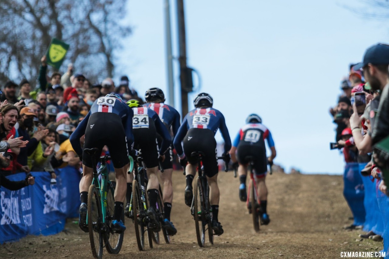 Who says there's no teamwork in cyclocross? Team USA giving chase in the Elite Men's race. 2022 Cyclocross World Championships, Fayetteville, Arkansas USA. © D. Mable / Cyclocross Magazine