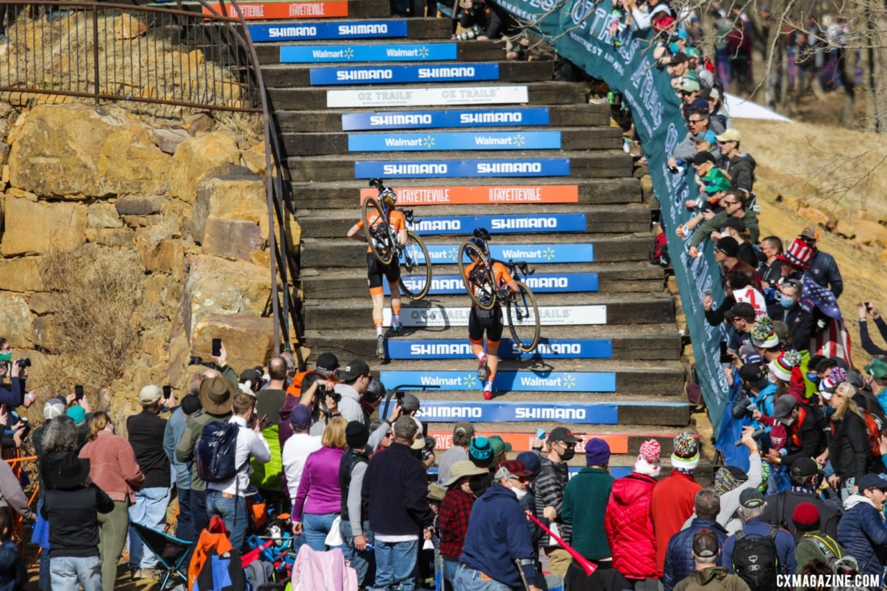 39 stairs made for a hard, if not technical, course. Day 2, 2022 Cyclocross World Championships, Fayetteville, Arkansas USA. © D. Mable / Cyclocross Magazine