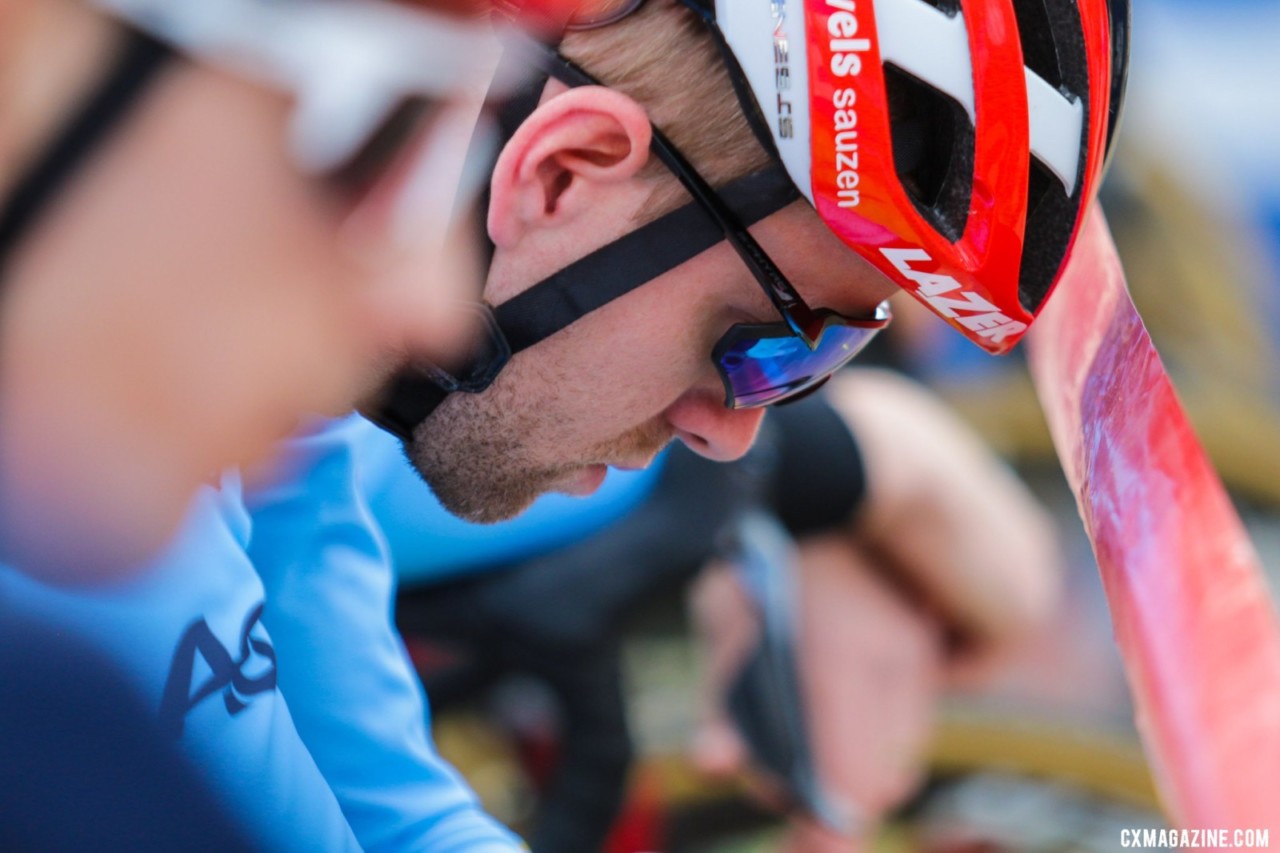 Eli Iserbyt focuses on the task of beating his rival Pidcock. Day 2, 2022 Cyclocross World Championships, Fayetteville, Arkansas USA. © D. Mable / Cyclocross Magazine