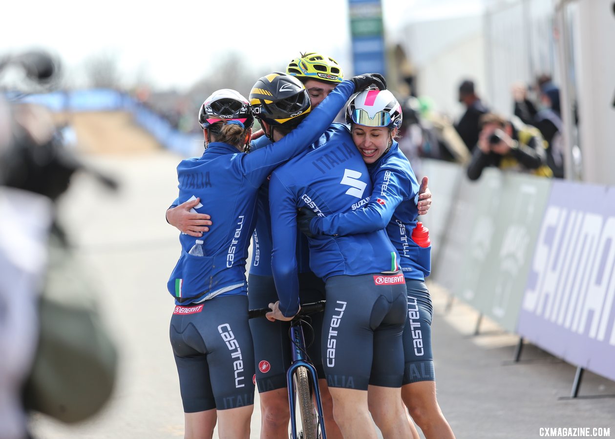 Italian riders embraced each other after the race. 2022 Cyclocross World Championships, Fayetteville, Arkansas USA. © J. Corcoran / Cyclocross Magazine