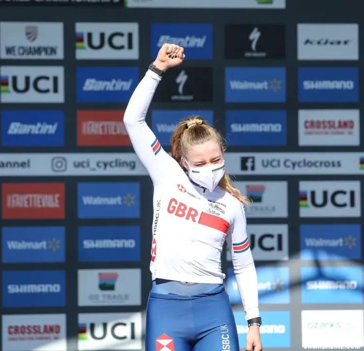 Zoe Backstedt celebrates her big win. 2022 Cyclocross World Championships, Fayetteville, Arkansas USA. © J. Corcoran / Cyclocross Magazine