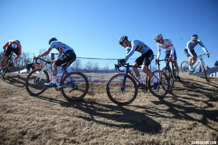 Traffic jam at the turn. 2022 Cyclocross World Championships, Fayetteville, Arkansas USA. © J. Corcoran / Cyclocross Magazine