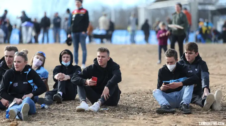 The Belgians rest their legs and watch the racing. 2022 Cyclocross World Championships, Fayetteville, Arkansas USA. © J. Corcoran / Cyclocross Magazine