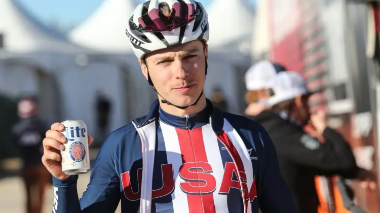 Caleb Swartz saw the Miller Lite banners on the course, and they worked! 2022 Cyclocross World Championships, Fayetteville, Arkansas USA. © J. Corcoran / Cyclocross Magazine