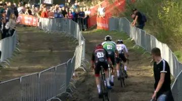 Michael Vanthourenhout, Eli Iserbyt, and Laurens Sweeck fighting for the lead - 2022 UCI Cyclocross World Cup in Maasmechelen, Elite Men photo: video highlights