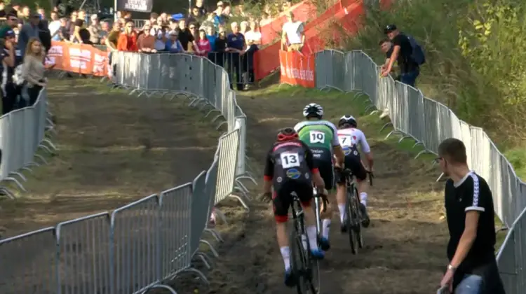 Michael Vanthourenhout, Eli Iserbyt, and Laurens Sweeck fighting for the lead - 2022 UCI Cyclocross World Cup in Maasmechelen, Elite Men photo: video highlights