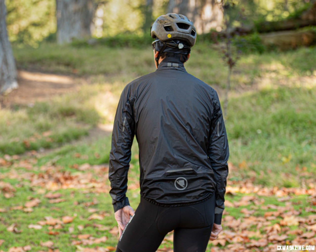 Endura Pro SL Waterproof Shell Jacket is longer in the rear. Reflective accents on the sleeves and rear panel. © M. Stemp / Cyclocross Magazine