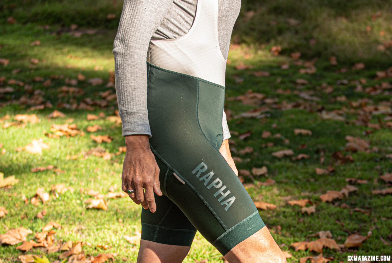 Rapha Pro Team Winter Bib shorts graphics are reflective. © M. Stemp / Cyclocross Magazine