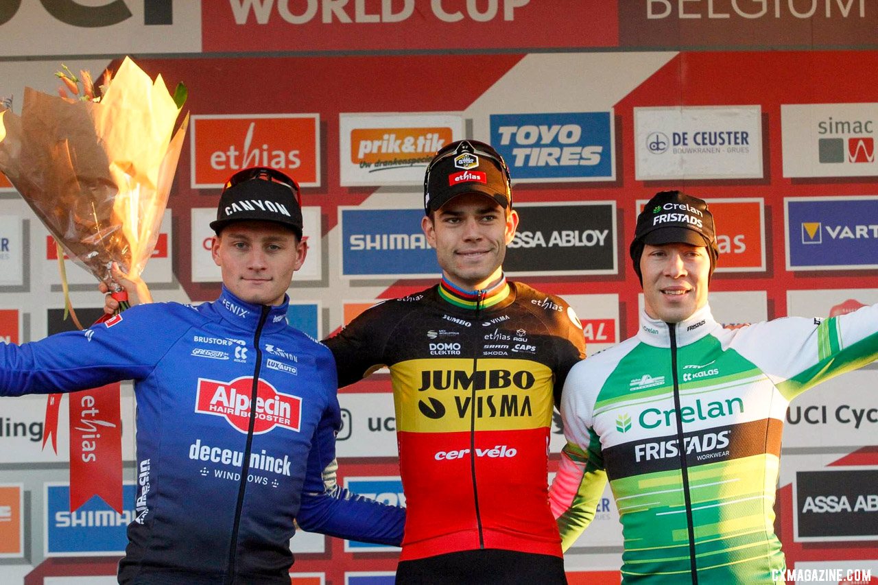 Wout van Aert, Mathieu van der Poel, Laurens Sweeck podium picture. 2023 Zonhoven UCI Cyclocross World Cup, Elite Men. © B. Hazen / Cyclocross Magazine