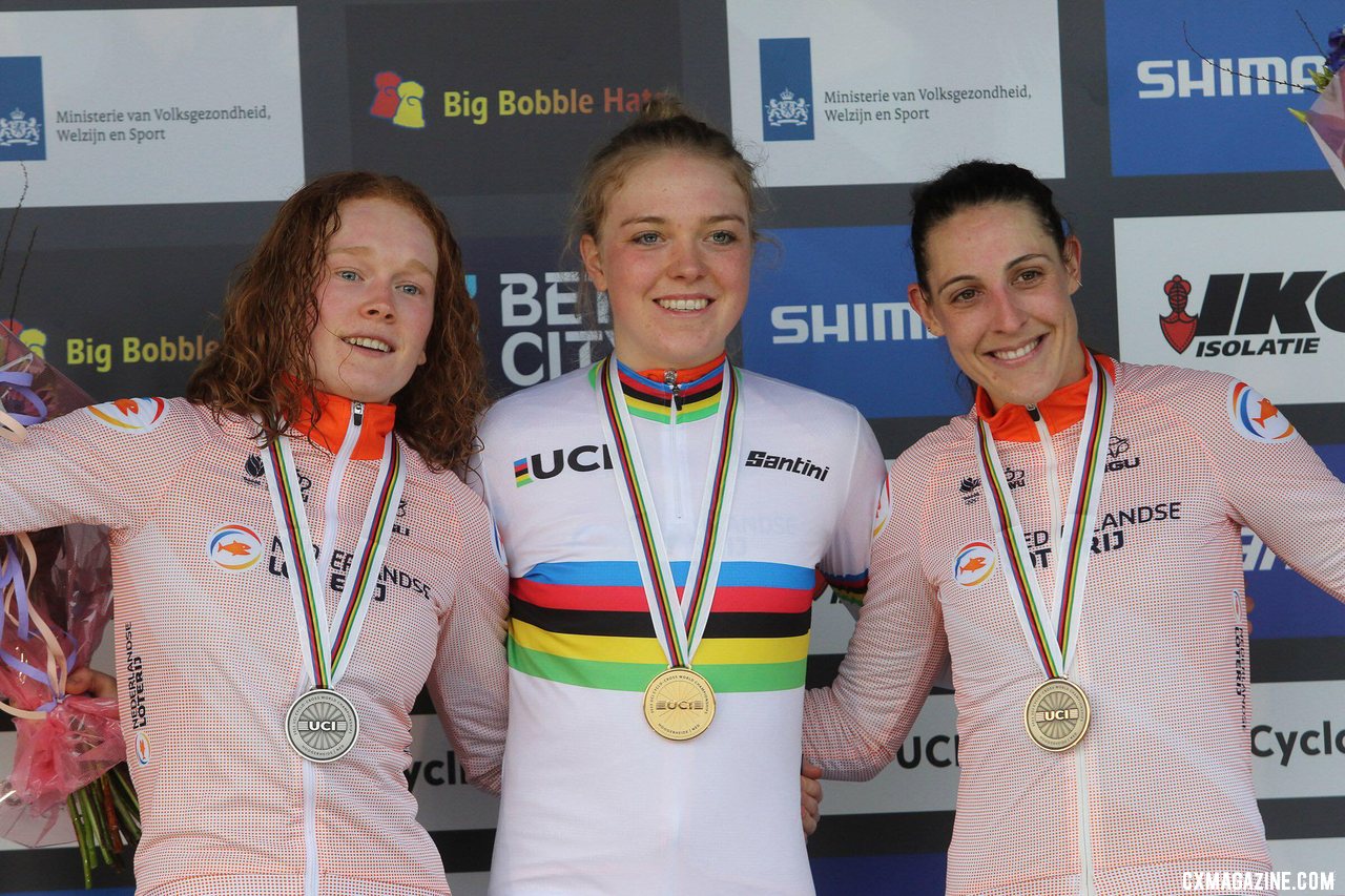 Puck Pieterse, Fem van Empel and Lucinda Brand. Elite Women. 2023 UCI Cyclocross World Championships, Hoogerheide. © B. Hazen / Cyclocross Magazine