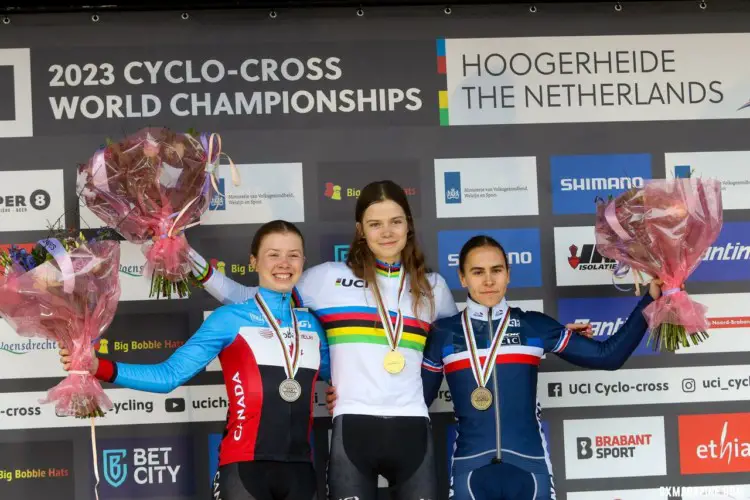 Ava Holmgren, Isabella Holmgren and Celia Gery. Junior Women, 2023 UCI Cyclocross World Championships, Hoogerheide. © B. Hazen / Cyclocross Magazine