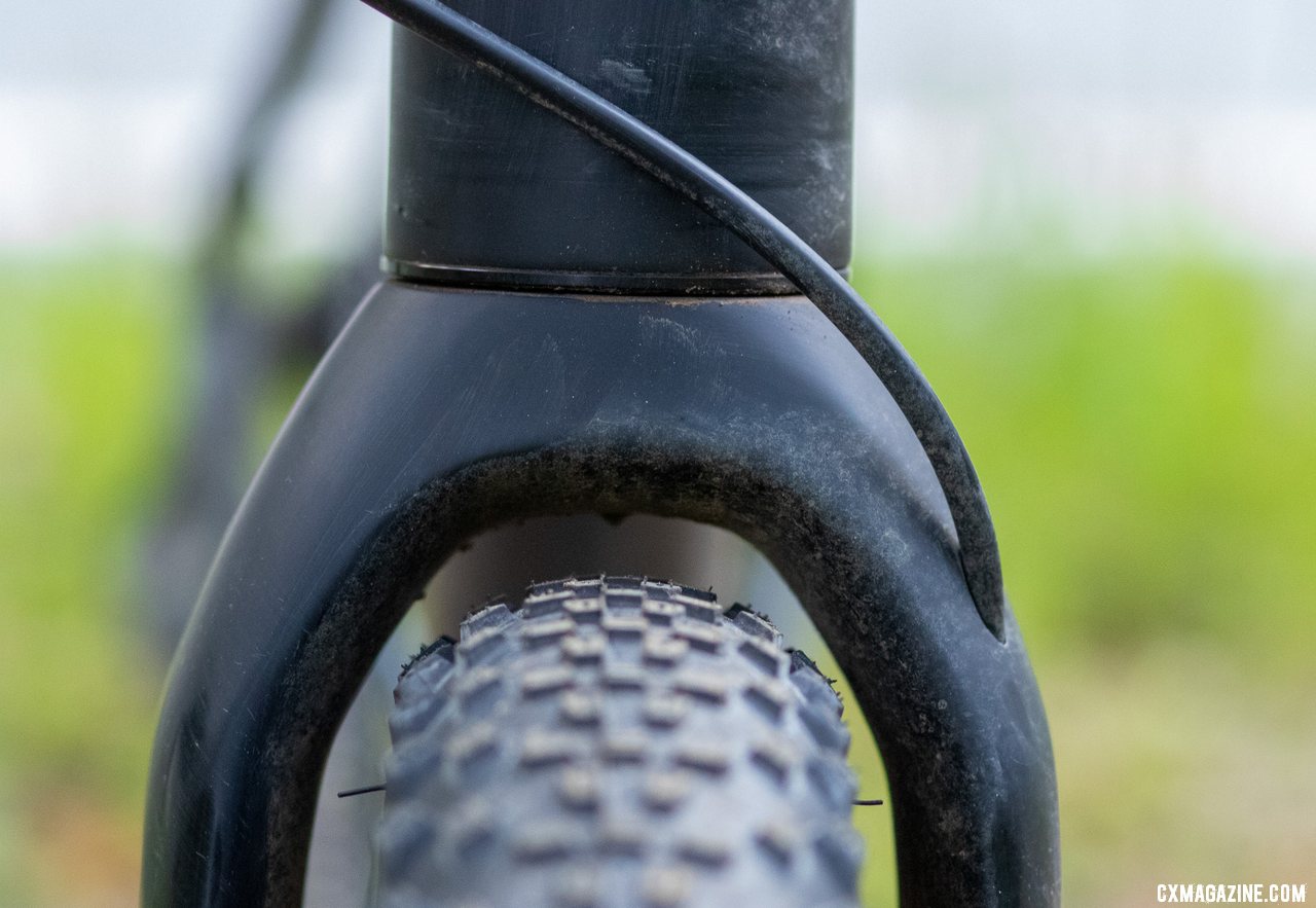 The versatile Rocky Mountain Solo C70 carbon gravel bike fit 2.2" tires out back (without the fender mount bolt) and 2.4" tires up front. © Cyclocross Magazine