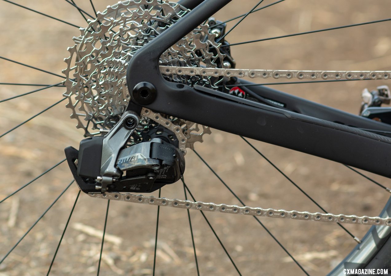 The SRAM Rival AXS rear derailleur brought reliable shifting but a few battery connection issues. The frame will take SRAM's UDH derailleur mounting. The versatile Rocky Mountain Solo C70 carbon gravel bike. © Cyclocross Magazine