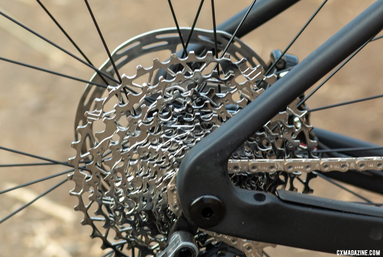 SRAM's 10-44 XPLR cassette and 42t chainring offered a low enough gear for hilly gravel rides and riding cyclocross run-ups. We'd want lower for bikepacking. The versatile Rocky Mountain Solo C70 carbon gravel bike. © Cyclocross Magazine