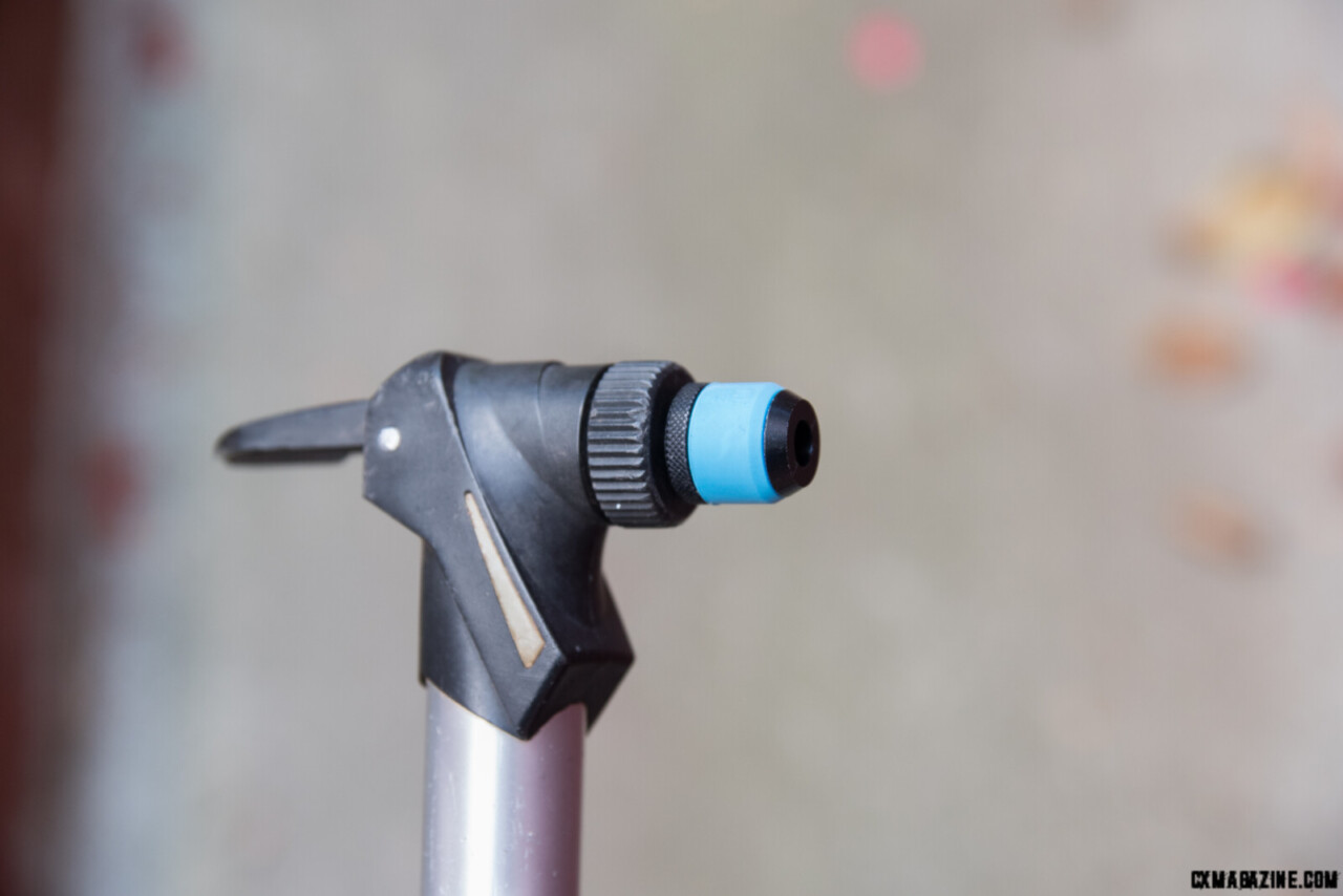 A Clik Valve air chuck adapted to the Shrader end of a standard pump.