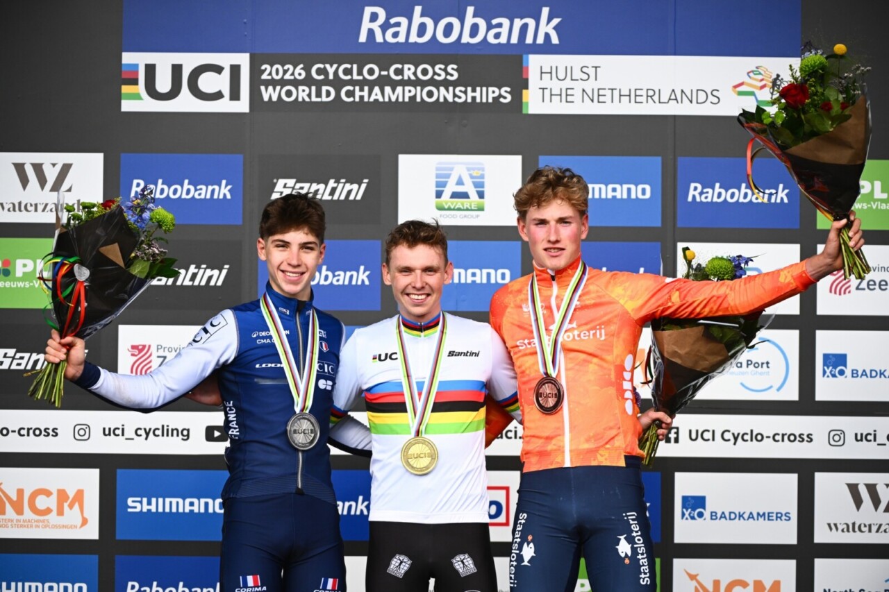 2026 UCI Cyclocross World Championships, U23 Men. Photo: UCI/Simon Wilkinson/SWpix.com - 30/01/2026 - Cycling - 2026 UCI Cyclo-cross World Championships - Hulst, Zeeland, Netherlands - Men’s Under 23 - Podium - Winner Aaron Dockx (Belgium) 2nd Aubin Sparfel (France) 3rd Keije Solen (Netherlands)