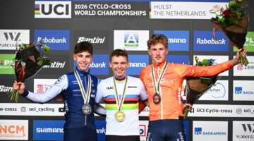 2026 UCI Cyclocross World Championships, U23 Men. Photo: UCI/Simon Wilkinson/SWpix.com - 30/01/2026 - Cycling - 2026 UCI Cyclo-cross World Championships - Hulst, Zeeland, Netherlands - Men’s Under 23 - Podium - Winner Aaron Dockx (Belgium) 2nd Aubin Sparfel (France) 3rd Keije Solen (Netherlands)