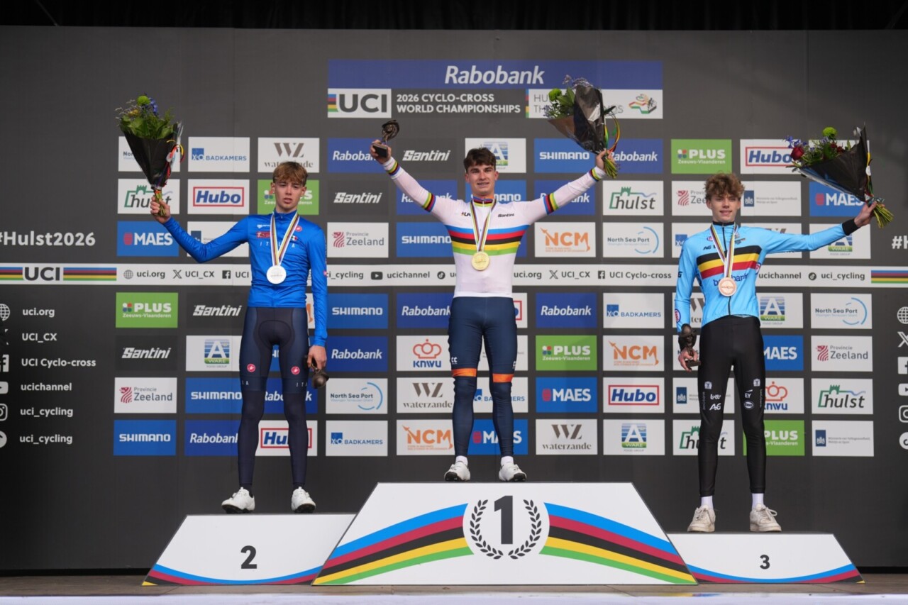 2026 UCI Cyclocross World Championships, U23 Men. Photo: UCI/Simon Wilkinson/SWpix.com - 30/01/2026 - Cycling - 2026 UCI Cyclo-cross World Championships - Hulst, Zeeland, Netherlands - Men’s Junior Podium: 🥇 Delano Heeren 🇳🇱🥈 Filippo Grigolini 🇮🇹 🥉 Giel Lejeune 🇧🇪 photo: UCI